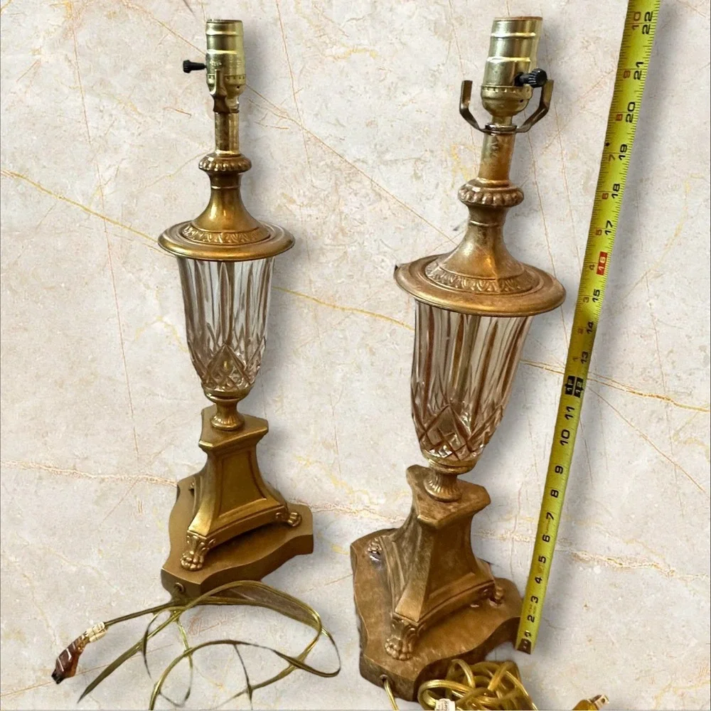 Coordinating Vintage Hollywood Regency‎ Gold Cut Glass Table Lamps 22